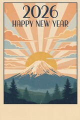 2026年_年賀状_素材_縦_イラスト_レトロ_日の出_01
