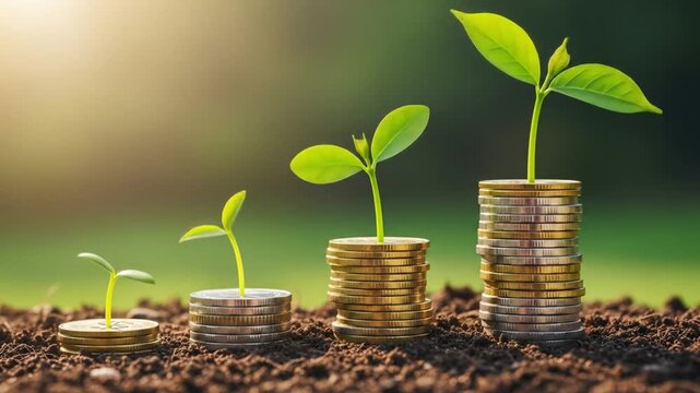 Three ascending stacks of golden coins with young green plants growing on top, symbolizing incremental financial growth and investment.