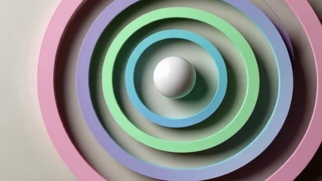 Spherical Maze: A captivating, high-angle perspective showcases a sphere perfectly positioned within concentric circles of pastel hues, symbolizing a path and puzzle. 