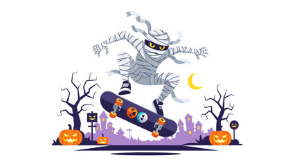 Obraz premium Mummy Skateboarding: A spirited mummy fearlessly executes a skateboarding trick in front of a Halloween night scene, showcasing a fusion of festive excitement and urban cool. 