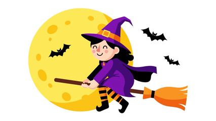 Whimsical Witch on a Broomstick: A cheerful witch, complete with a pointed hat and a wide smile, soars across the night sky on her broomstick, silhouetted against a huge yellow moon, a touch of magic.