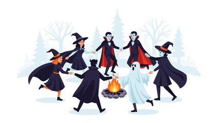 Halloween Circle: A Halloween gathering comes alive with a whimsical illustration, featuring a spectral spirit dancing around a warm bonfire with captivating witches and mystical vampires.