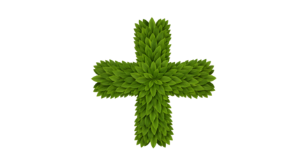Green Plus Sign Symbol Isolated on White Background | Foliage Shape for Ecological Themes, Nature-Related Design and Environmental Concepts