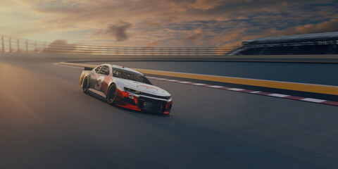 Race cars on 3D track without any branding. 3D render.