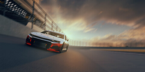 Race cars on 3D track without any branding. 3D render.