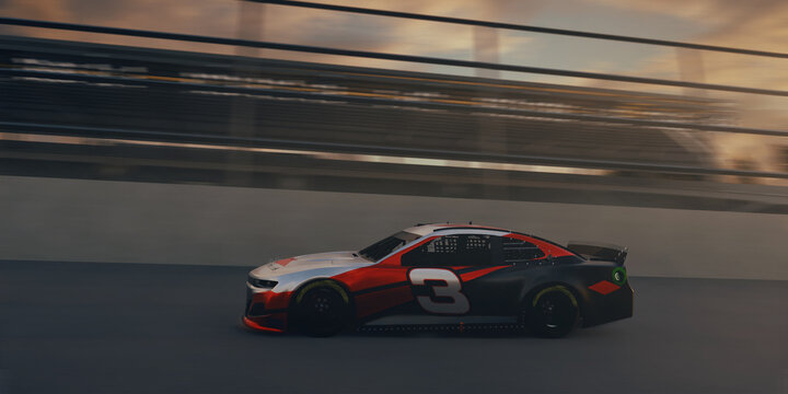 Race cars on 3D track without any branding. 3D render.
