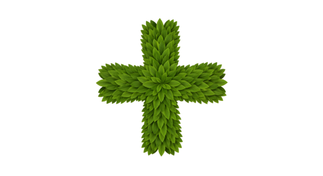 Green Plus Sign Symbol Isolated on White Background | Foliage Shape for Ecological Themes, Nature-Related Design and Environmental Concepts