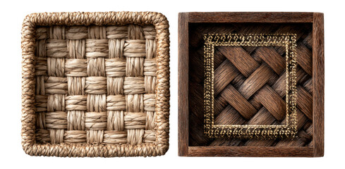 Natural Woven Baskets and Wooden Box with Intricate Design Elements