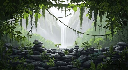 Jungle Waterfall Oasis Lush Green Plants.