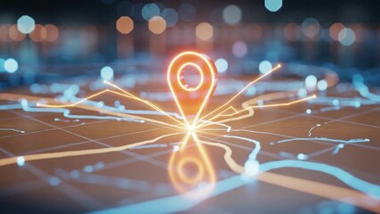 Dynamic digital map with glowing navigation pin highlighting destination, showcasing futuristic location tracking and data visualization for global connectivity. - Powered by Adobe