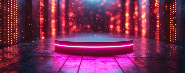 A futuristic neon lit podium stands on a dark reflective stage with glowing background lights