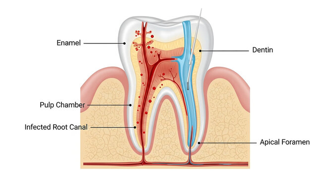 A tooth with an infected root canal showing detailed dental anatomy including enamel, dentin, pulp chamber, and apical foramen.
