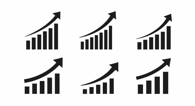 Set of graphic growing bars with upward arrows representing growth and success in business