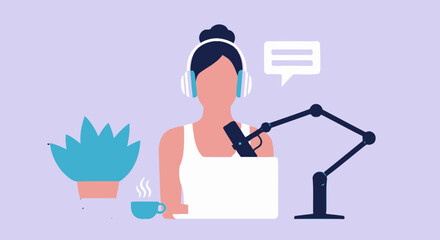 Fototapeta premium Podcast Recording Session Woman with Headphones, Microphone, and Laptop on a Purple Background