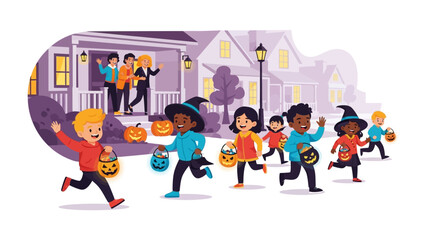 Fototapeta premium Halloween's Joyful March: A vibrant, illustrated scene capturing a group of diverse children joyfully trick-or-treating through a quaint suburban neighborhood.