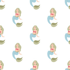 Cute mermaid seamless pattern with pastel colors, ocean fantasy design for fabric, wallpaper, and children’s products.