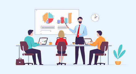 A corporate professional presenting data analysis with charts and graphs to a team during a business meeting in a modern office