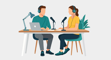Fototapeta premium Man and woman with headphones and microphones recording a podcast or radio show in a studio setting. Flat vector illustration