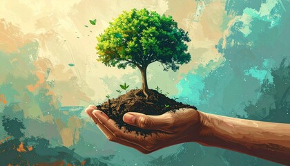Save the planet. Save the earth. Hand with soil holds a tree with the Planet as canopy. Conceptual painting  