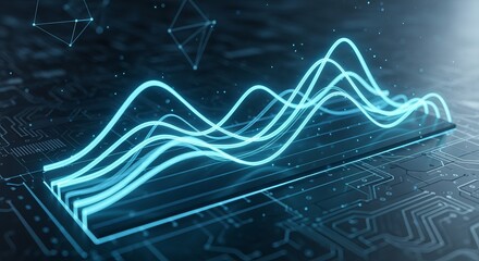 Illuminated Digital Graph: A vibrant digital graph, rendered in radiant neon blue, visualizes data trends on a modern circuit board backdrop, symbolizing innovation and technological advancement.