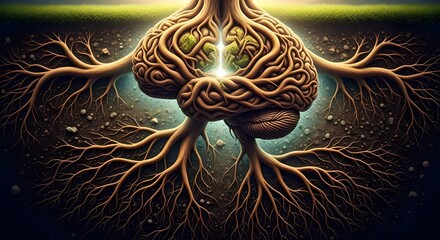 Flat minimal design of a brain drawn like tree roots spreading underground, symbolizing strong knowledge foundation.