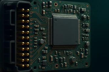 Automotive ECU Module Extreme Macro PCB Close-Up of Internal Circuit Board with Connector Pins