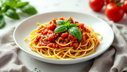 Plate of spaghetti with tomato sauce and basil on a white background.