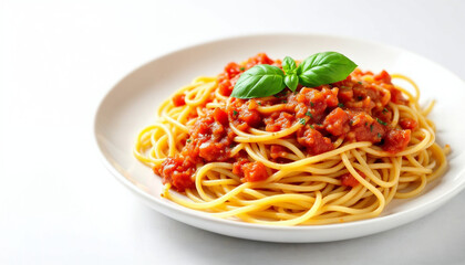 Plate of spaghetti with tomato sauce and basil on a white background.