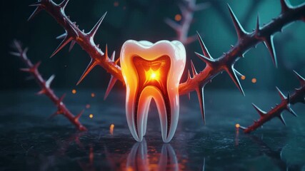 Intense dental pain visualized with glowing tooth encased in sharp thorns, symbolizing agony and oral health struggles.
