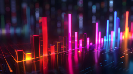 3D glowing financial bar chart rising, futuristic stock market visualization, dark background with neon highlights, cinematic light