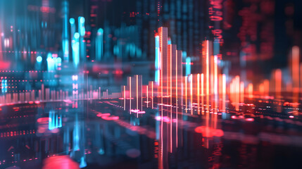 3D glowing financial bar chart rising, futuristic stock market visualization, dark background with neon highlights, cinematic light