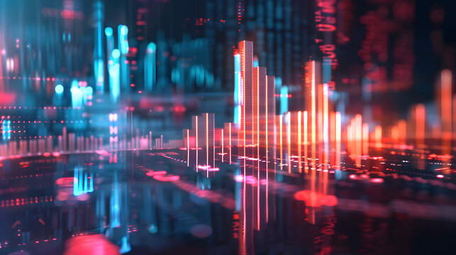 3D glowing financial bar chart rising, futuristic stock market visualization, dark background with neon highlights, cinematic light