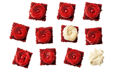 Freshly cut red velvet cake pieces layered with creamy frosting representing a popular festive dessert served at birthdays weddings and holidays isolated on transparent background PNG