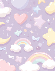 Nahtloses Muster: Pastellfarbene Sterne, Monde, Regenbogen und Schmetterlinge