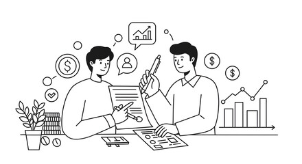 Two people sitting at a table with papers and a pen for lifestyle, marketing, social media content, or human interest story