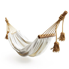 3D Realistic Hammock Chair Icon with Fabric Folds and Ropes on White Background.