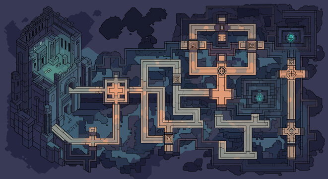 A top-down digital illustration of a dark, labyrinthine dungeon map with glowing architectural elements from a fantasy game.