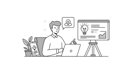 A man is sitting at a desk with a laptop and a light bulb above him for business presentation, website design, technology blog, or digital marketing