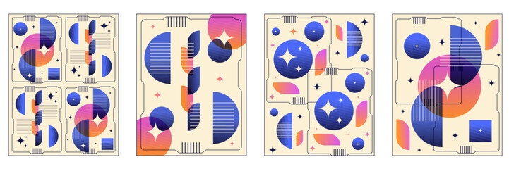 Modern Abstract Geometric hi tech poster cover set. Vector illustration of trendy Abstract placard with Geometry shapes and computer chip. Perfect gradient background. EPS 10 © Svetlana