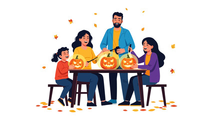 Spooky Family Fun: A family joyfully carves Halloween pumpkins, creating glowing jack-o'-lanterns in a festive scene, set amidst autumnal leaves. 