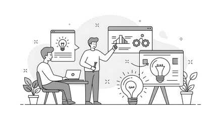 A man and woman are working on a project, with the text ' how to use a project? ' for digital design, illustration, visual communication, or stock pho...