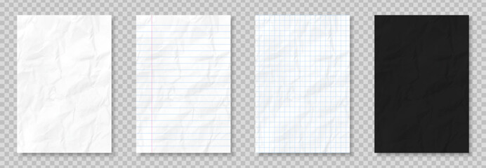 Crumpled paper effect. Sheet from grid and lined notebook. White and black page from sketchbook. Empty paper template or mockup. Realistic vector illustration set on transparent background
