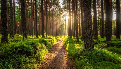 Obraz premium Sunlit Path Through Lush Green Forest.