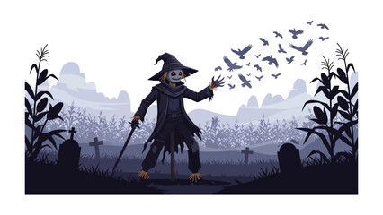 A Mystical Gathering: A lone scarecrow stands defiantly in a moonlit graveyard, a mystical scene of crows taking flight from his grasp, a symbol of mystery and transformation.