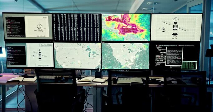 Computer, screen and satellite data in control room for weather pattern, climate prediction or storm tracker. Meteorology, maps and surveillance technology for atmosphere conditions or rocket launch