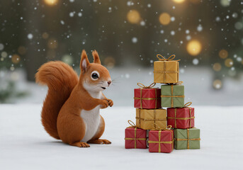 A cute squirrel with New Year's gifts in the forest . Generative AI