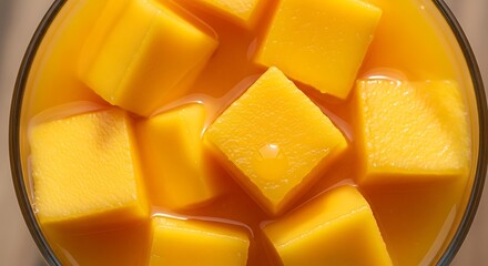 Close up view of cubed mango pieces in a glass bowl.