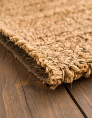 Close-up of a beige woven rug on a wooden surface