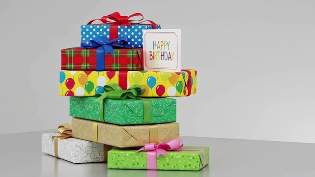 A cheerful stack of colorful gifts perfect for any festive occasion.
