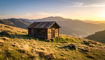 Rustic wooden cabin on a hillside at sunset